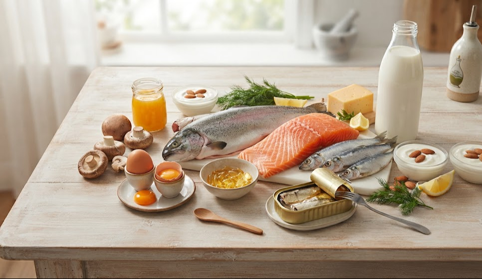 base64-17871067283301568656061 Thực phẩm giàu vitamin D. Ảnh minh họa AI.